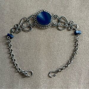 Vintage Blue Agate Silver Tone Flower Bracelet
